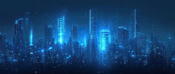Dynamic futuristic city background with luminous blue grid and digital network elements, abstract vector design for tech branding or web interfaces.