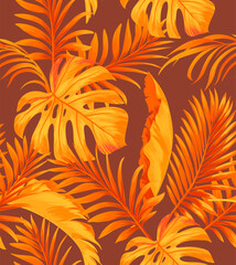 Jungle vector pattern with tropical leaves. Trendy summer print. Exotic seamless background.	
