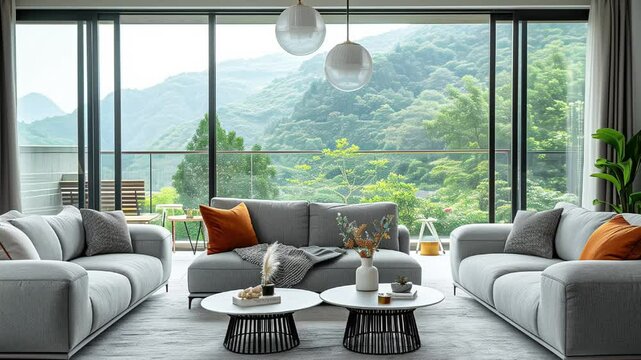 Modern Interior of bright living room with grey sofas and coffee table on soft carpet. 4K Footage of Modern Interior of bright living room with grey sofas and coffee table for banner, web design