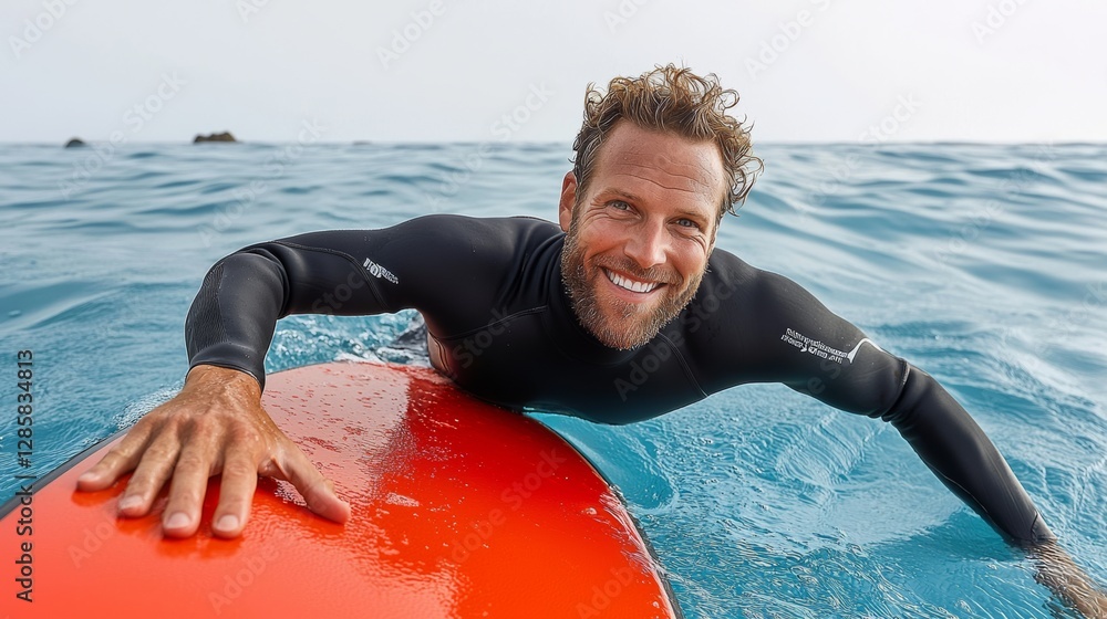 Poster man is smiling and holding a surfboard in the ocean. scene is happy and relaxed