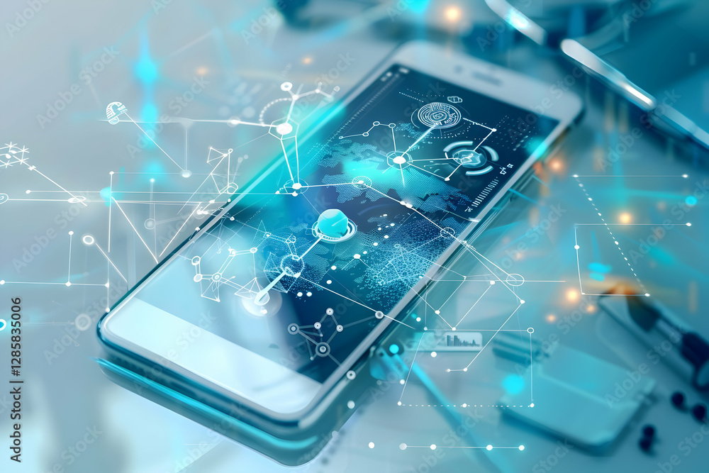 Poster modern smartphone displaying digital interface with data connections on a desk, technology theme