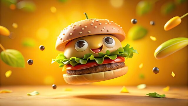 3d cute cartoon burgers falling in the air grils isolate yellow background