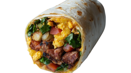 Delicious breakfast burrito filled with eggs, steak, vegetables, and wrapped in a warm tortilla ready to enjoy anytime