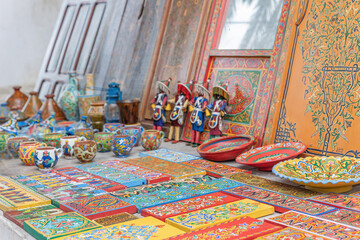 Fototapeta premium Closeup view of souvenirs on display for tourists. Rabat. Morocco. Horizontally. 