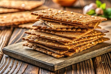 Crispy Rye Crispbread Slices on Rustic Wooden Board