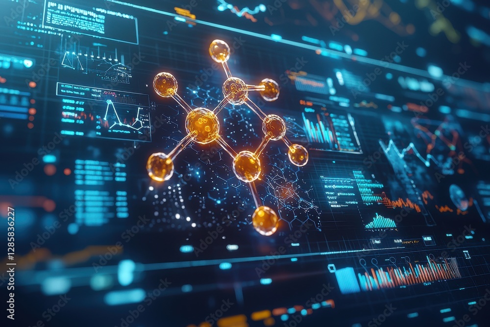 Poster advanced technology background featuring a glowing molecule with data charts, artificial intelligenc
