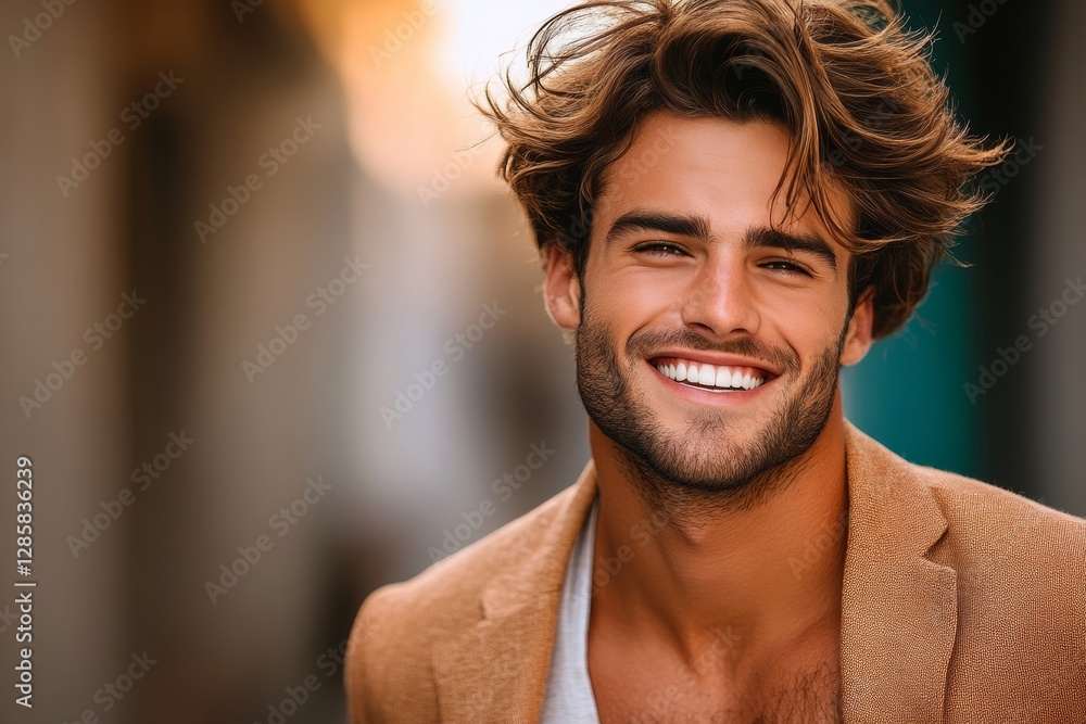 Poster man with a beard and a smile is wearing a brown jacket. he is smiling and looking at the camera
