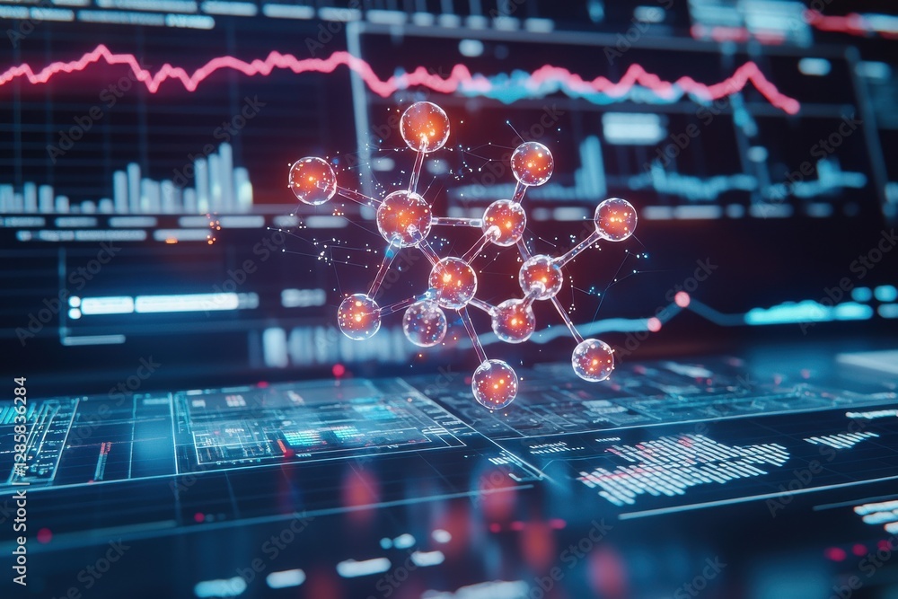Poster futuristic glowing molecular structure with data streams and artificial intelligence, advanced techn