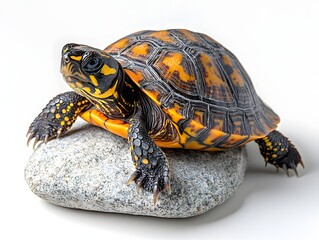 Fototapeta premium Glowing Turtle Sitting on Smooth Rock with Calm Demeanor Against Minimalist Backdrop