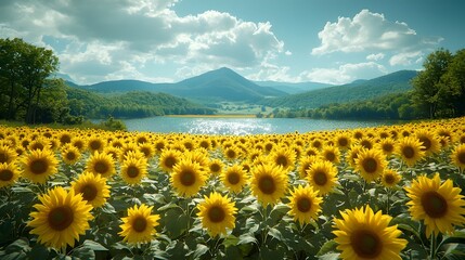 Fototapeta premium Vibrant Sunflower Field Under Majestic Mountain Skyline Landscape