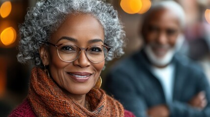 Empowered Senior Woman with Curly Gray Hair Sharing Insights and Wisdom in a Vibrant and Inviting Environment