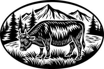 Bull grazing in an alpine meadow, with mountains, trees, drawn in an engraved, woodcut style sketch engraving vector