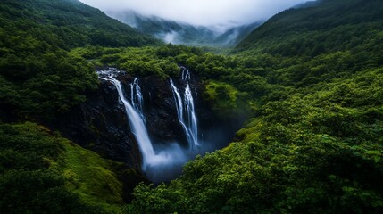 Fototapeta premium Majestic Waterfall Cascading Through Lush Green Mountains