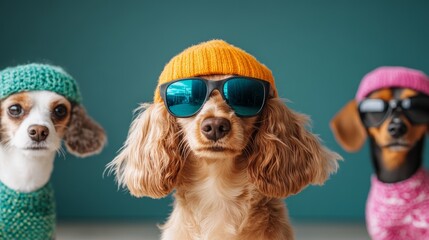 Three dogs wearing sunglasses and hats are posing for a photo. The dogs are wearing different colored hats and sunglasses, and they are all standing next to each other. The photo has a fun