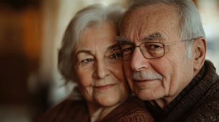 Senior Couple Looking Tenderly at Family Photos Together, Sharing Memories and Joyful Moments, Expressing Love and Connection in a Cozy Setting
