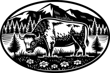 Bull grazing in an alpine meadow, with mountains, trees, drawn in an engraved, woodcut style sketch engraving vector