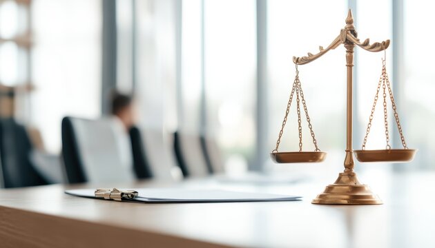 Professional Legal Advisor Explaining the Importance of Wills to Clients in Modern Office Environment with Scales of Justice on Desk