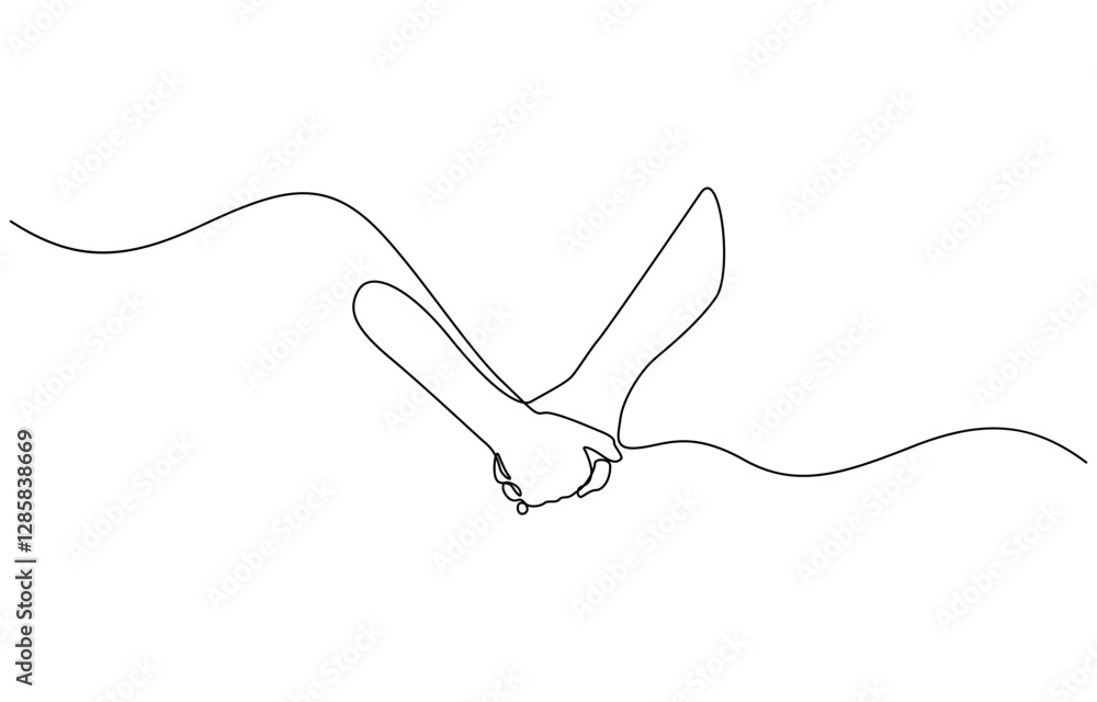 Poster single line drawing of romantic or helping concept, two hands reaching out towards each other drawn 
