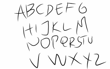 Hand drawn simple black English latin abc alphabet font with handwritten numbers and symbols A to Z, Vector illustration in doodle style isolated on white background. For cards, logos, typography.