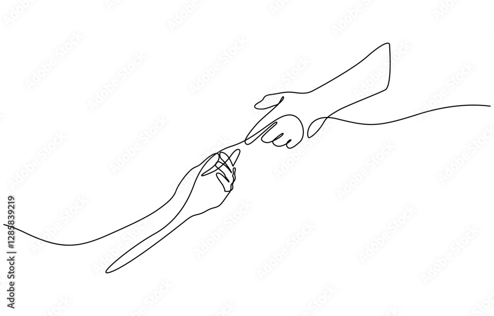 Poster single line drawing of romantic or helping concept, two hands reaching out towards each other drawn 