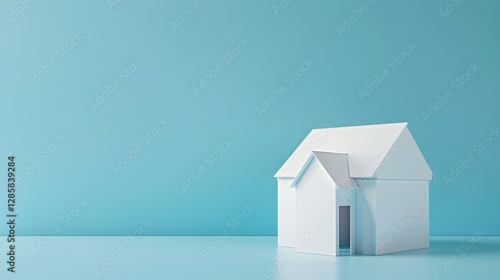 Poster minimalistic white house model on a blue background, emphasizing simplicity and design
