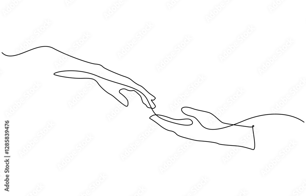Poster single line drawing of romantic or helping concept, two hands reaching out towards each other drawn 