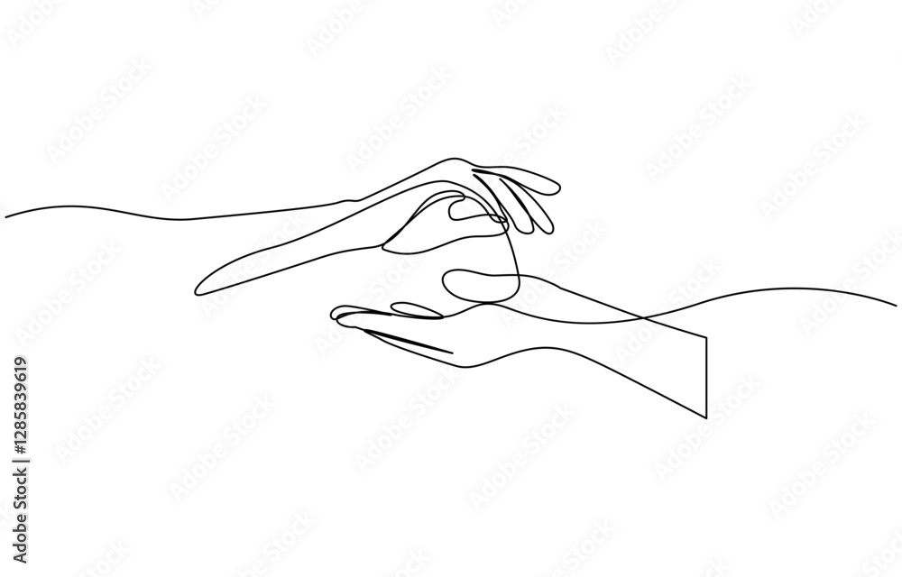 Poster single line drawing of romantic or helping concept, two hands reaching out towards each other drawn 