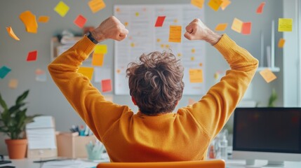 Person Feeling Relieved and Celebratory After Successfully Submitting Tax Documents in a Bright and Organized Workspace