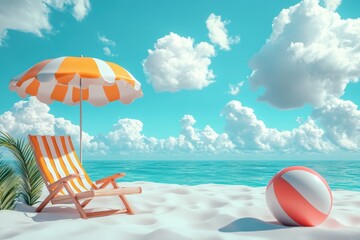An image of a beach scene featuring a beach chair, an umbrella, and a beach ball.
