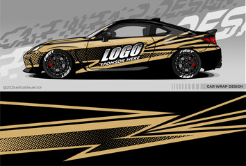 Obraz premium Car wrap design for sports cars. Dominated by black with gold accents. The design has a dynamic Lightning pattern with gold lines and dots, creating a sense of speed and movement.