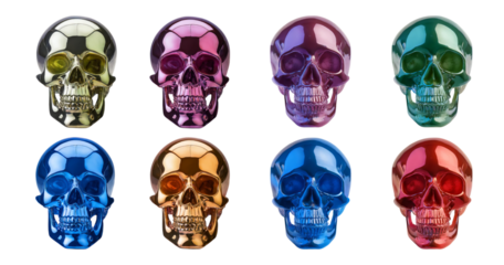 Colorful Decorative Skulls Arranged Symmetrically on White Background, isolated on transparent background