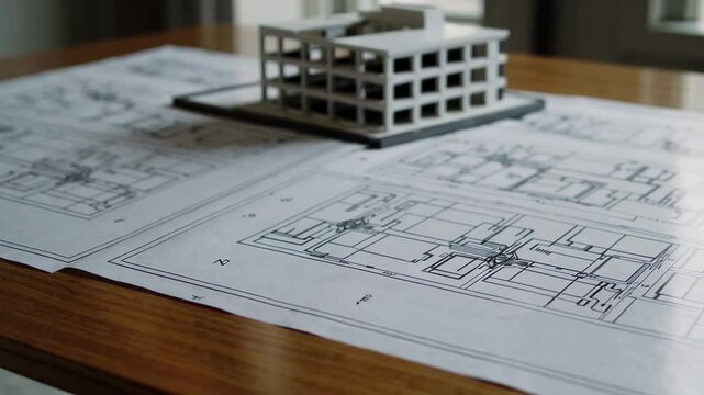 Architectural plans spread on wooden table showing plumbing and electrical layouts with miniature building model casting a shadow, in slow motion