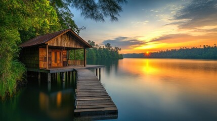 Fototapeta premium Serene Sunset over Lake and Wooden Cabin