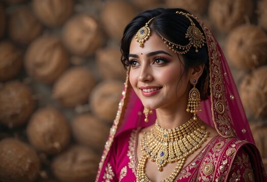 Smiling South Asian bride in traditional attire, adorned with intricate jewelry and a vibrant maroon veil, exuding elegance and joy.