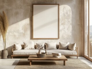 Fototapeta premium A living room with a white wall and a large picture frame