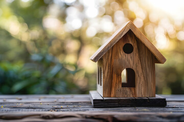 Wooden birdhouse on a rustic table with a blurred natural background during golden hour