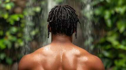 wash hair concept. Man with Dreadlocks Washing Hair Under Tropical Waterfall