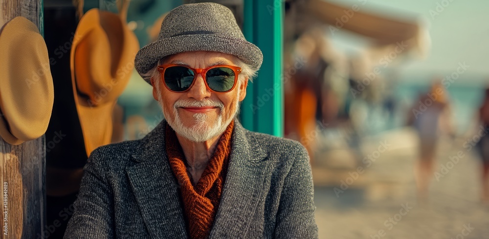 Poster man wearing a hat and sunglasses is smiling at the camera. he is standing in front of a building wit