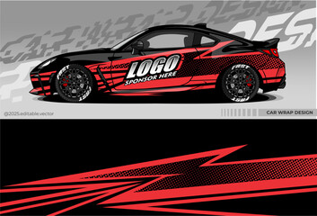 Obraz premium Car wrap design for sports cars. Dominated by black with red accents. The design has a dynamic Lightning pattern with red lines and dots, creating a sense of speed and movement.