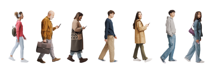 A group of ordinary people of mixed ages walk by looking around curiously as tourists in a new place