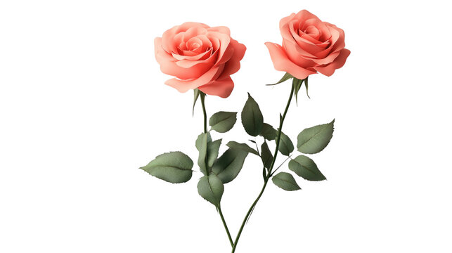 two blooming pink roses with lush green leaves, on a white isolated background pnq
