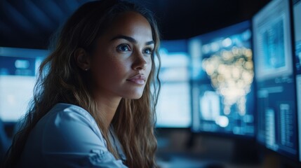 Focused Female Auditor Collaborating in a Modern Workspace Surrounded by Multiple Computer Screens Analyzing Data for Effective Decision Making