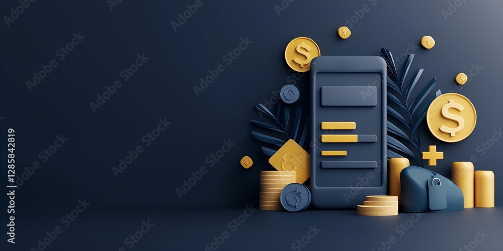 Poster digital banking accessibility concept. 3d illustration of financial elements including coins and a s
