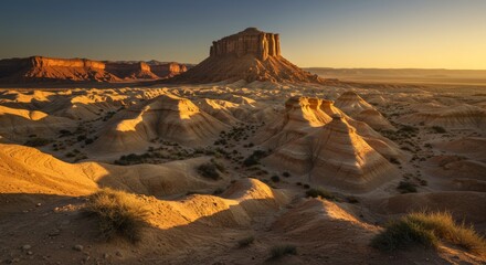 Golden hour illuminates majestic desert buttes and textured landscape