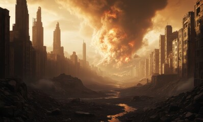 Apocalyptic cityscape at sunset