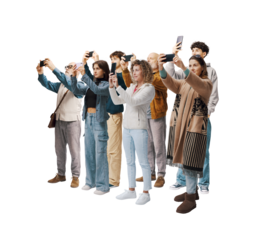 Large group of ordinary people taking photos with smartphones