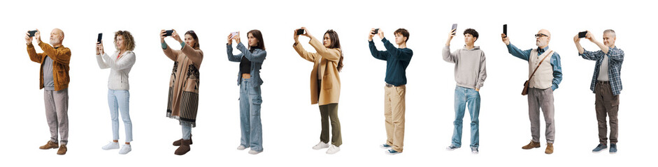 Large group of ordinary people taking photos with smartphones