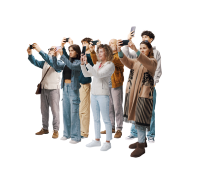Large group of ordinary people taking photos with smartphones