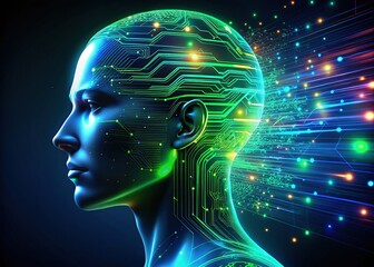 Fototapeta premium Futuristic AI Head: Side Profile with Glowing Lines and Data Streams