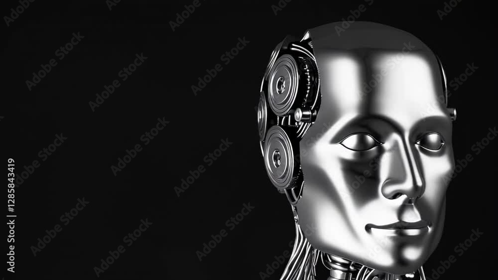 Poster Advanced robotic android head rotating slowly, revealing intricate mechanical gears and complex wiring within open metallic cranium against deep black background